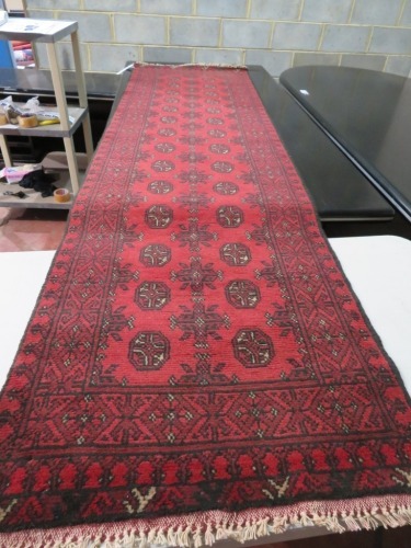 Persian Rug, KU6220QB6, Hallway Runner, Red & Black Afghanistan Pure Wool Pile TURKOMAN, 2840mm L x 770mm W