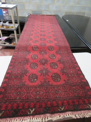Persian Rug, KU6220QB6, Hallway Runner, Red & Black Afghanistan Pure Wool Pile TURKOMAN, 2840mm L x 770mm W