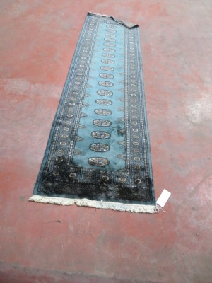 Persian Rug, K852C75K, Hallway Runner, Green Pakistan Pure Wool Pile BAKHARA, 2970mm L x 880mm W (Stained)
