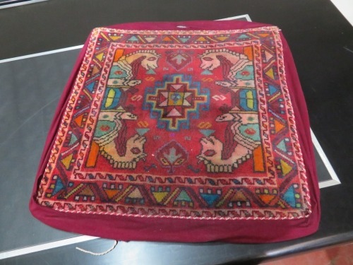 Persian Rug, (No Label) Red, Blue & Beige, Fabric Surround, Vinyl Back, 700mm L x 670mm W