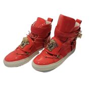 Versace Red Medusa Head Calfskin Leather High Top Gold Detail Sneakers - Size: 35 - 2