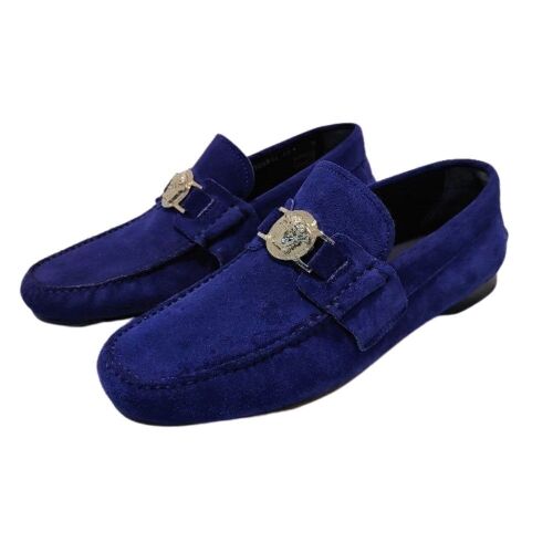 Versace Blue Suede Loafers With Silvertone Medusa Head - VFDSU6014 DCRSG KLBP - Size: 40