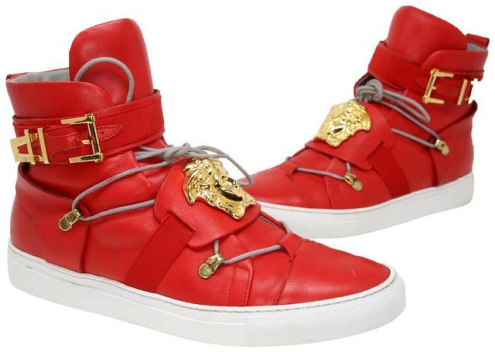 Versace Red Medusa Head Calfskin Leather High Top Gold Detail Sneakers ...