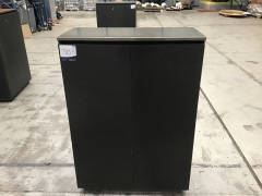 Office cabinet with metal plate on top of cabinet